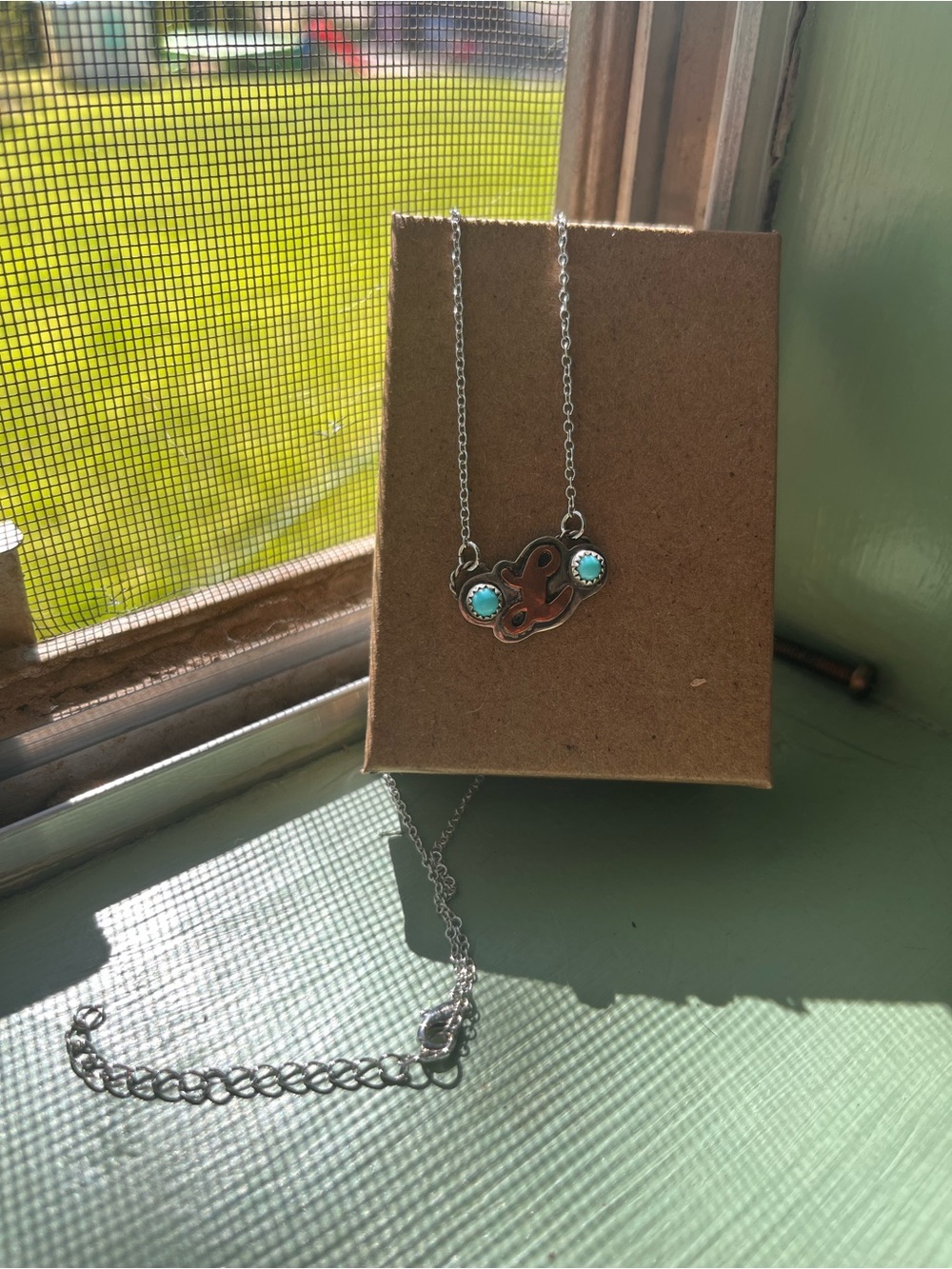 Silver Initial Pendant Necklace with Turquoise Accent - Women Jewelry